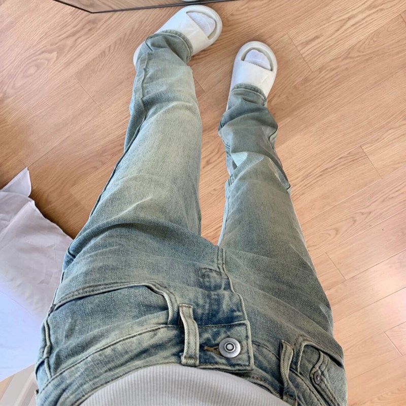 美式复古窄版浅色直筒牛仔裤女早秋2024新款高腰修身微弹烟管裤子