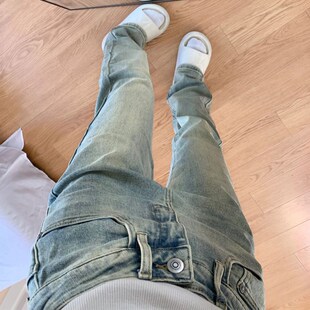 美式复古窄版浅色直筒牛仔裤女早秋2024新款高腰修身微弹烟管裤子