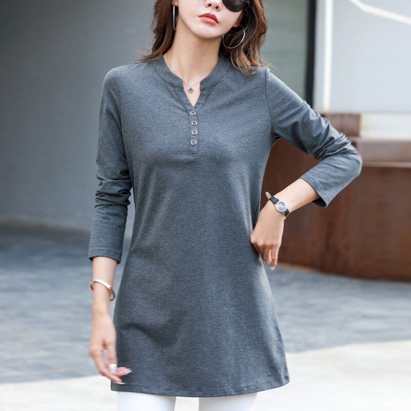 中长款t恤女长袖2024年新款春秋装纯棉v领T血韩版修身外穿打底衫