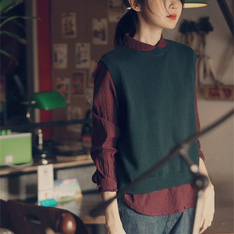 2022秋冬宽松文艺复古百搭短马夹休闲装纯棉针织衫女套头圆领马甲