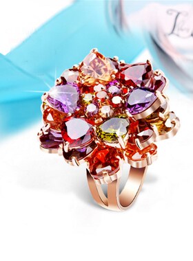 日韩国水晶戒指女 七彩色花朵简约气质锆石开口学生指环闺蜜食指