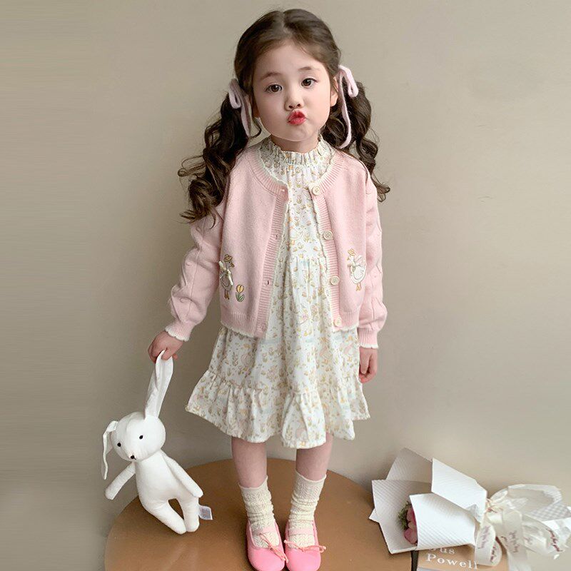 女童针织毛衣套装春装2025新款儿童洋气时髦春季碎花连衣裙两件套