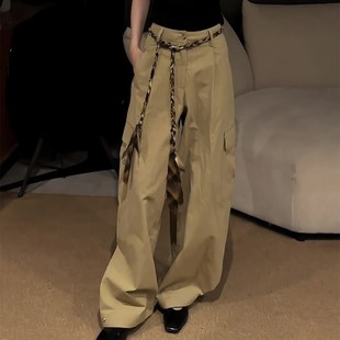 卡其色时尚工装风宽松大码阔腿裤女2025夏季新款酷拽W百搭简约长