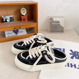 两穿小白鞋2023夏季新款一脚蹬z大码女41-43懒人踩脚半拖帆布板鞋