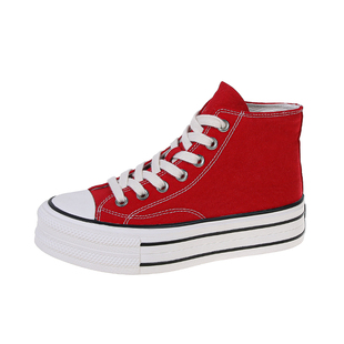 高帮帆布鞋女2023新款春夏季厚底小个子J内增高小白鞋红色休闲板