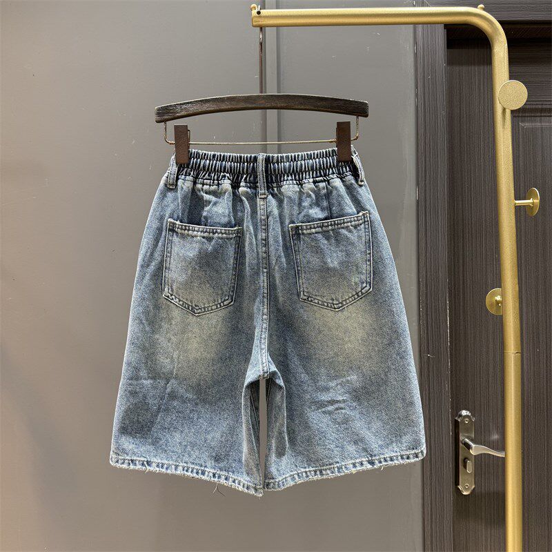美式街头破洞做旧牛仔五分裤女2025夏I季新款宽松直筒休闲阔腿中