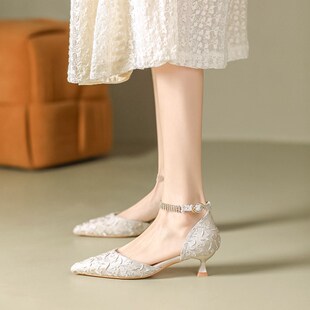 3厘米小跟包头h凉鞋女细跟法式5公分水钻金属链一字扣带中空高跟