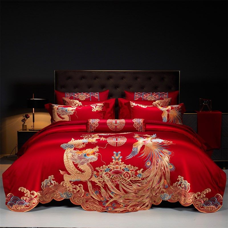 高档龙凤刺c绣全棉婚庆四件套中式高端婚嫁大红色喜被结婚床上用