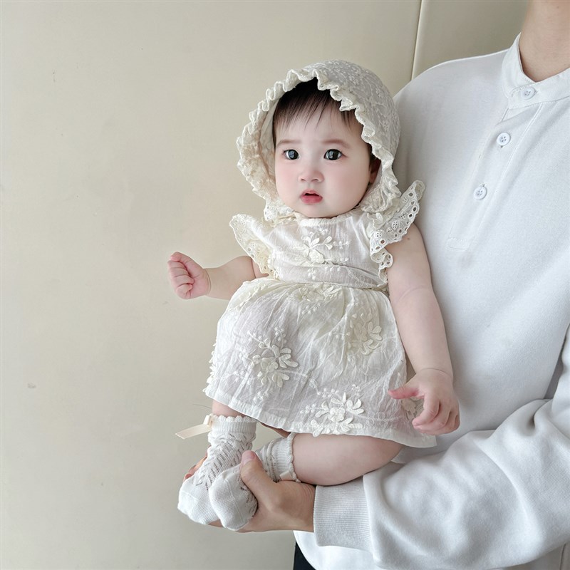 婴儿夏季新款女宝刺绣p花边飞袖公主哈裙婴幼儿百日宴周岁服包屁
