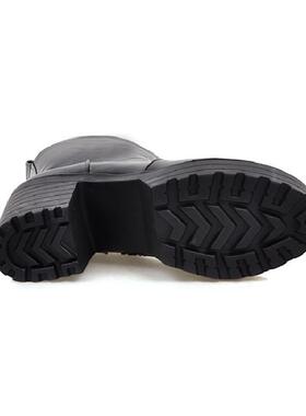 小码33女靴白色漆皮高跟鞋粗跟短靴马丁靴圆头加绒U雪地鞋方跟大