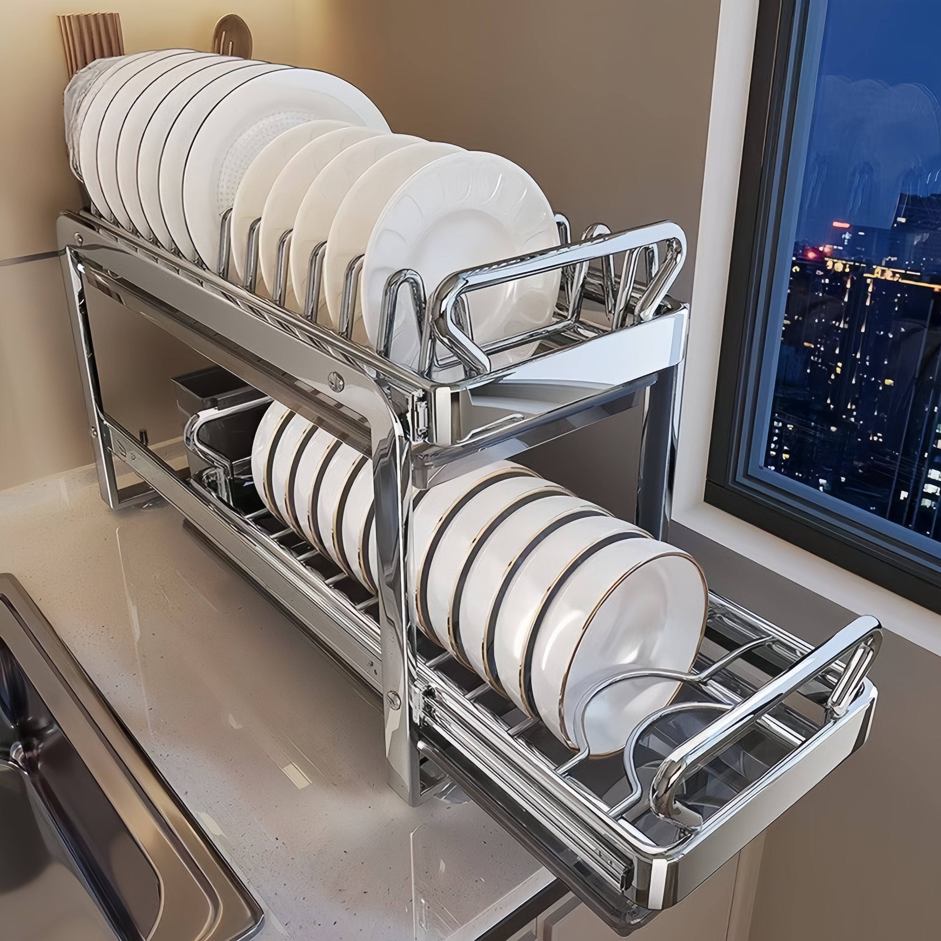 碗碟收纳架不锈钢碗架厨房置物架橱柜内碗柜抽屉式拉篮碗盘沥水架