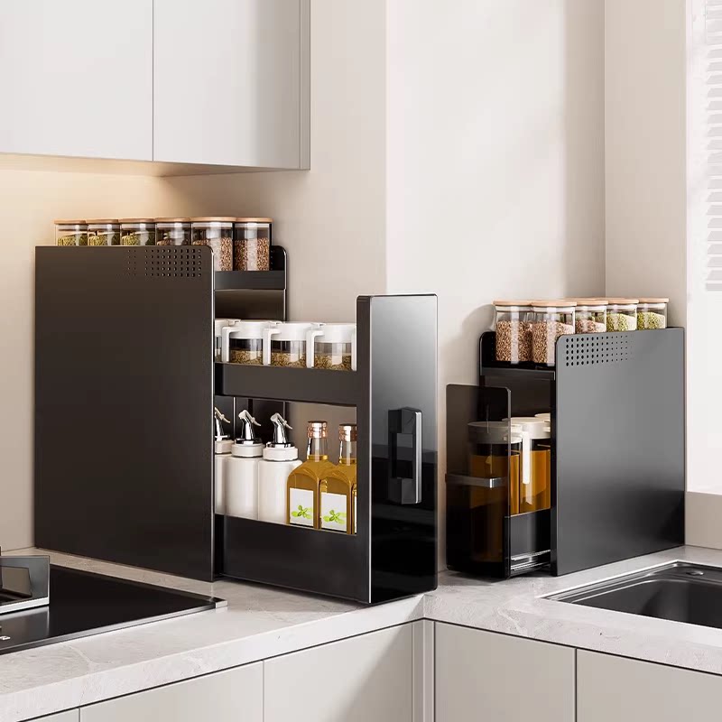 厨房极窄置物架侧面抽拉式抽屉柜边多功能调味品收纳盒台面调料架