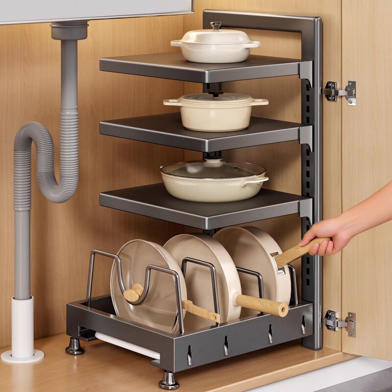 锅具收纳架厨房置物架多层橱柜内下水槽分层放锅架子多功能可调节