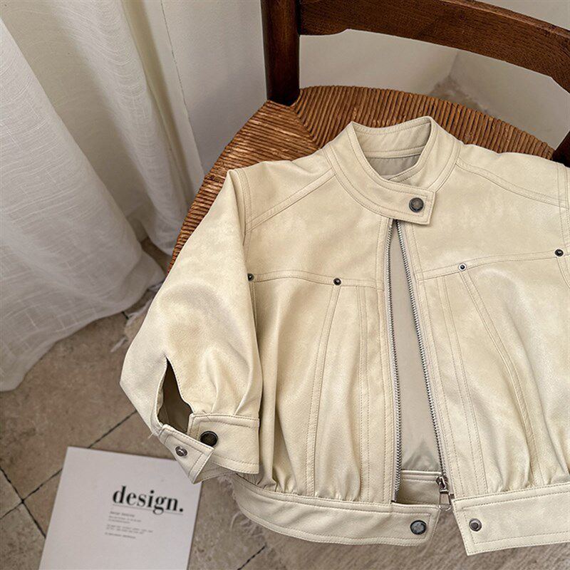 儿童短款皮夹克男童春季装女宝宝上衣洋气中小童纯色皮外套女潮童