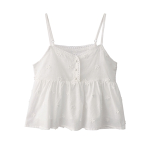 自制夏季日系复古森系刺绣立体小花朵纯棉娃娃款宽松小吊带衫背心