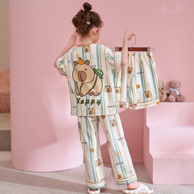 女童睡衣夏季2025新款儿童纯棉三件套短袖长裤薄款女孩大童家居服