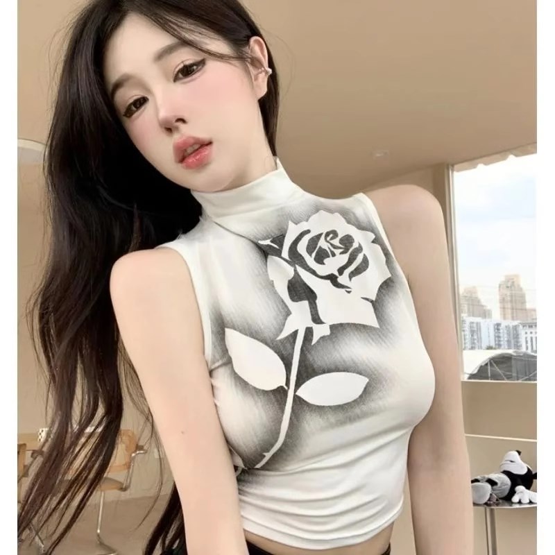 玫瑰印花半高领无袖黑色背心女夏季设计感辣妹百搭修身显瘦上衣潮