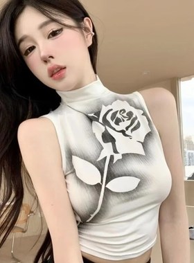 玫瑰印花半高领无袖黑色背心女夏季设计感辣妹百搭修身显瘦上衣潮