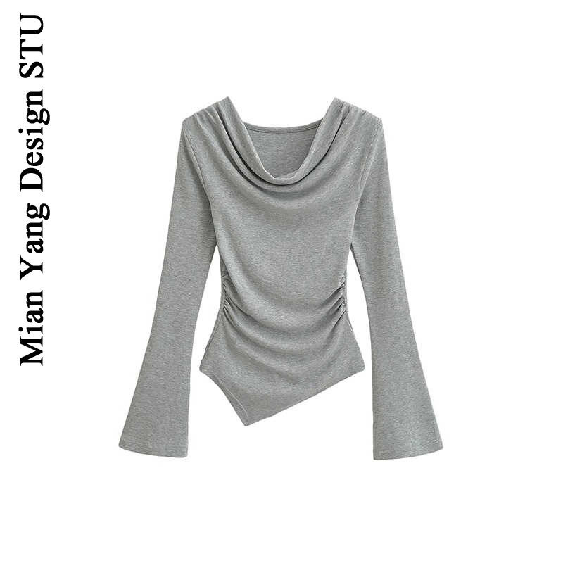 棉洋 美式个性不规则辣妹喇叭袖T恤衫女 纯欲蚂蚁腰褶皱荡领打底t