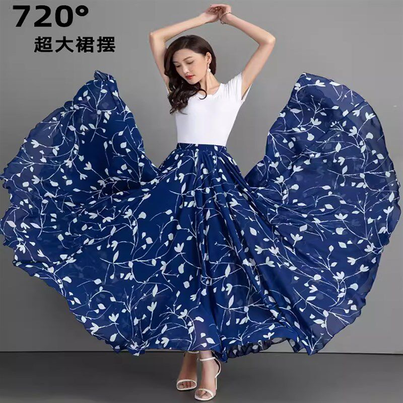 多巴胺夏季薄款垂坠感半身裙大码胖mm显瘦遮肚雪纺720度大摆长裙