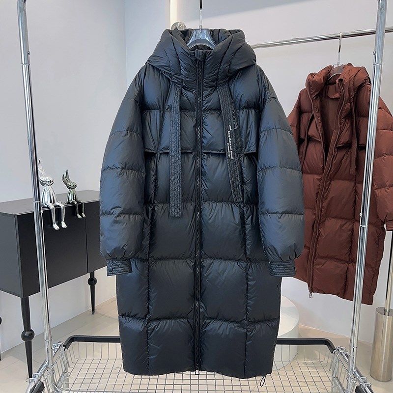 欧货黑色羽绒服女中长款2024冬季新款飘带大被子过膝保暖宽松加厚