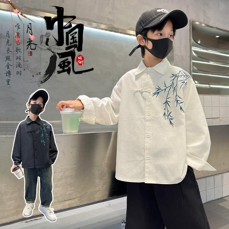 男童中国风衬衫春装儿童2025新款新中式男孩休闲童装长袖竹叶衬衣