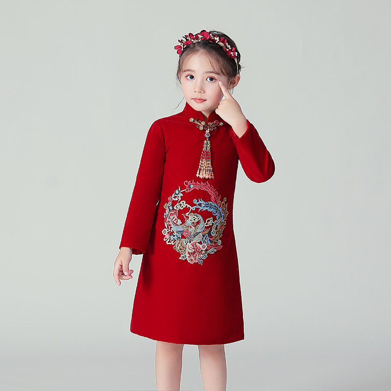 儿童唐装女童旗袍新年装中国风过年女孩花童喜庆红色拜年服装秋冬