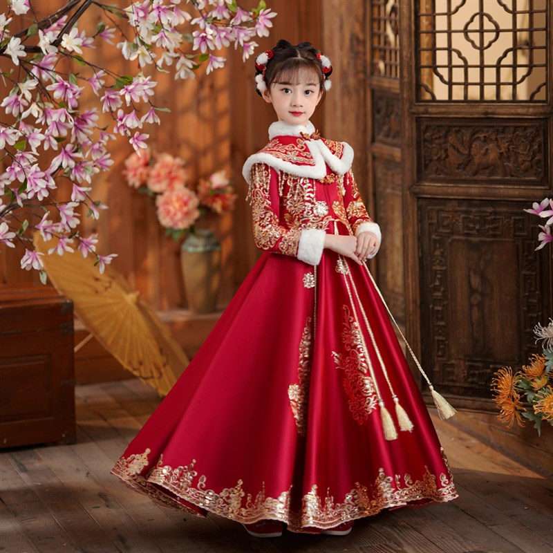 女童汉服洋装冬装加绒中国风过年服冬季唐装裙子儿童红色拜年服
