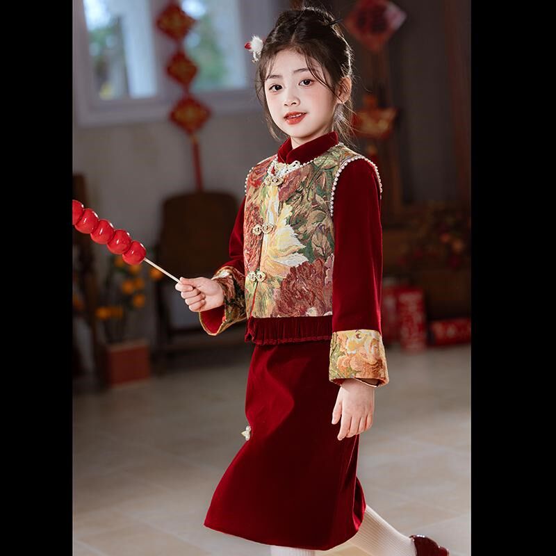 女童国风套装旗袍裙2025秋冬款新中式新年唐装宝宝丝绒过年拜年服