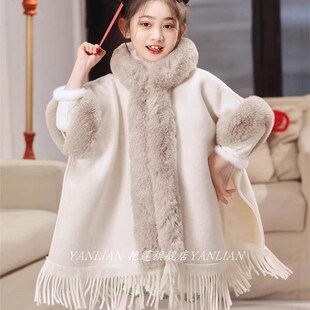 儿童汉服披肩加绒加厚冬季毛领女童披风外出斗篷外套国风保暖秋冬