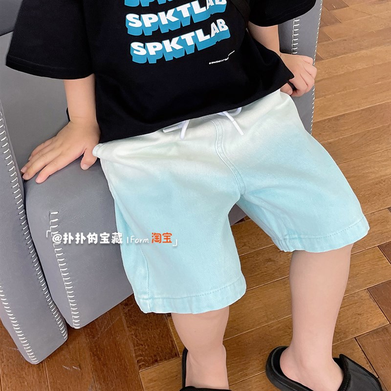 好看哭了~韩版帅气男童牛仔中裤儿童渐变色牛仔裤短裤五分裤潮