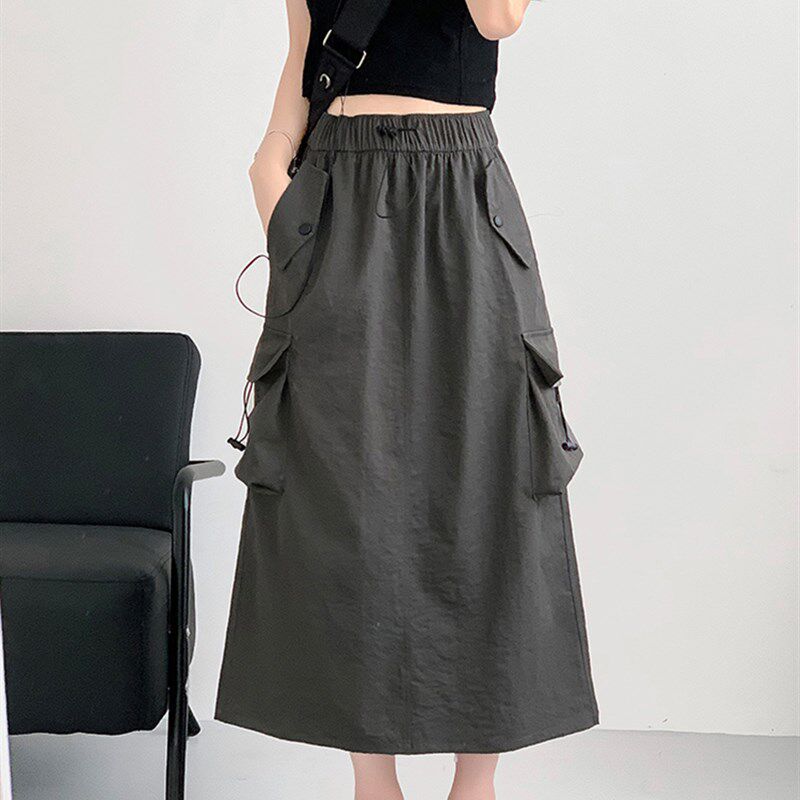 灰色工装裙夏季薄款大码胖mm显瘦遮肚梨形身材穿搭宽松高腰半身裙