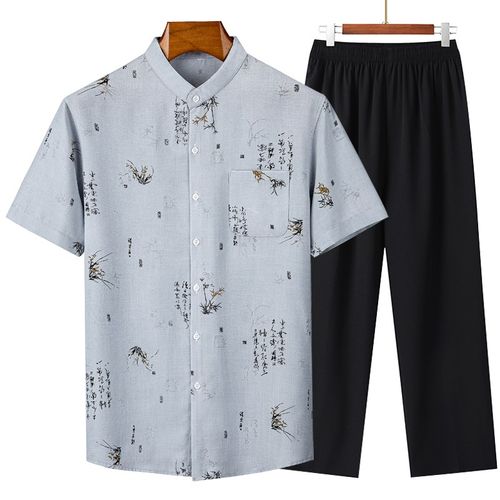 中老年唐装男爷爷夏季短袖T恤衫套装老人棉麻薄款爸爸装短袖衣服