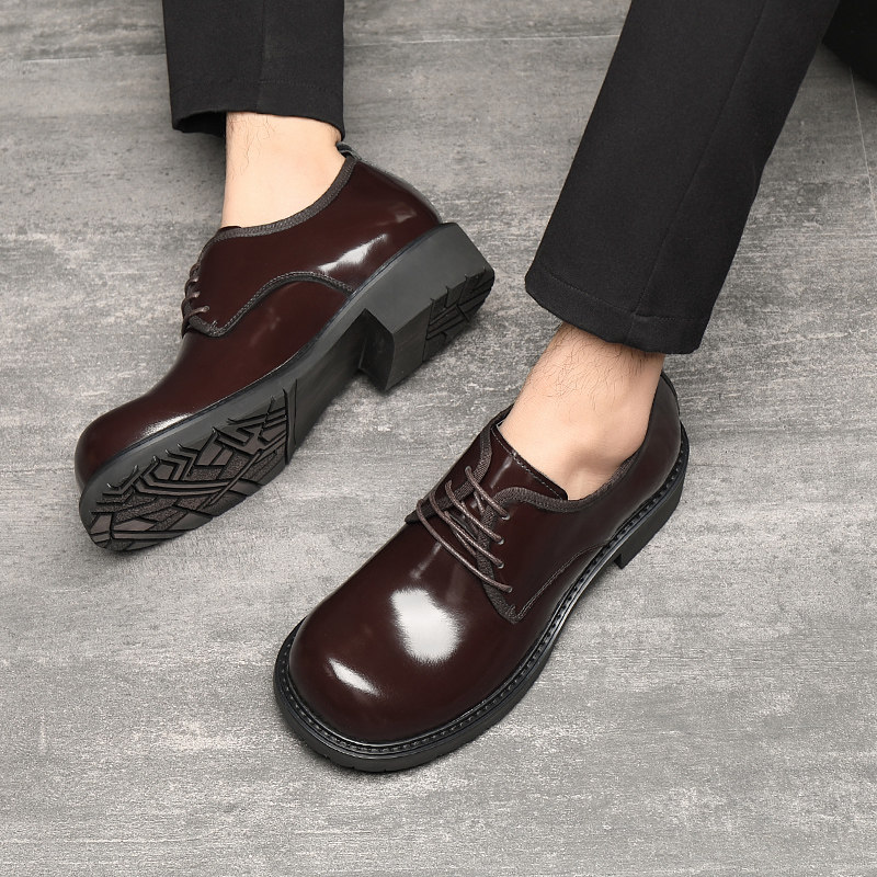 新款大头皮鞋男真皮软底商务休闲圆头韩版潮流亮皮年轻款厚底男鞋