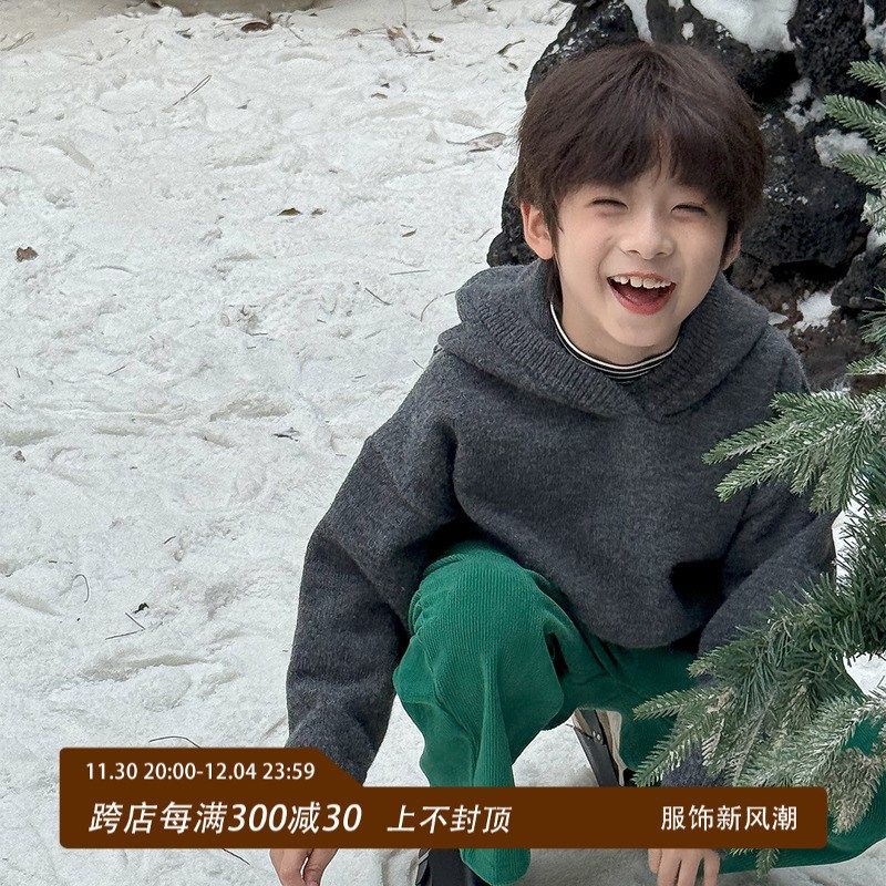 虾酱麻麻男童连帽毛衣冬装2024新款男孩灰色加厚保暖儿童针织衫