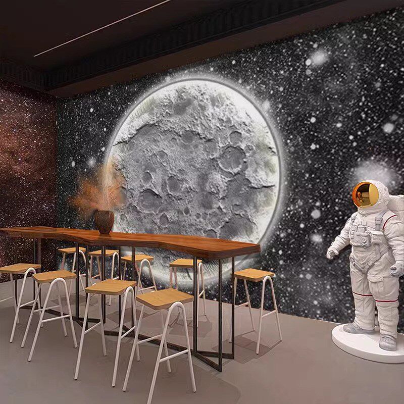 3d立体黑白星空月球仿发光背景墙纸高级感酒O吧奶茶店网红拍照壁