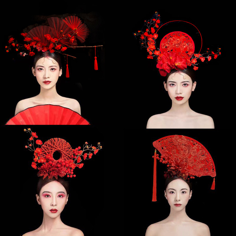 中国红青花瓷红色国潮古风走秀模特比赛摄影夸张彩妆造型头饰发饰