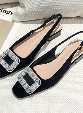 法式方头粗跟黑色职业高跟鞋女春季2025新款百搭浅口低跟工作单鞋