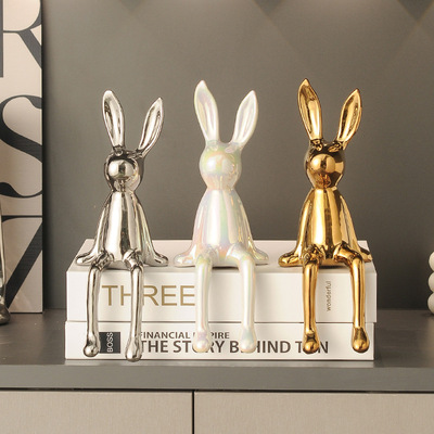网红电镀坐姿长耳兔子摆件