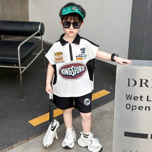 男童夏季套装2024新款洋气宝宝夏装背心机车服潮儿童酷帅无袖童装
