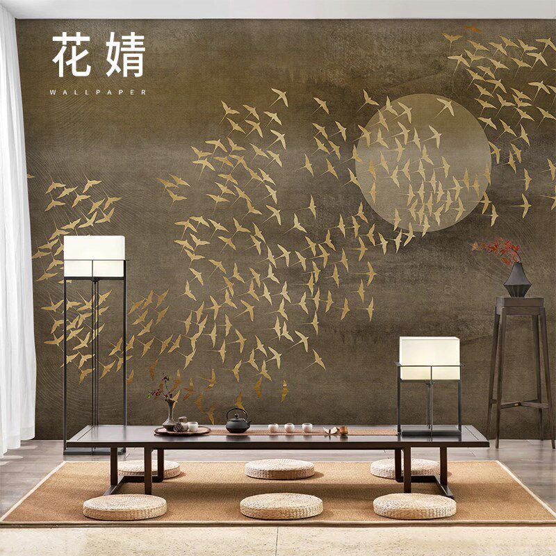 新中式千鸟e背景墙壁纸壁画卧室墙纸无纺布定制日式餐厅影视墙壁