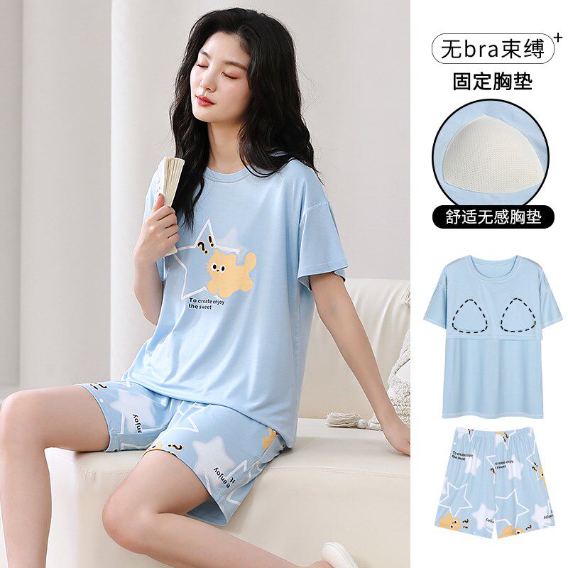 新款2025年带k胸垫纯棉短袖短裤睡衣女夏季女款女士套装家居服夏