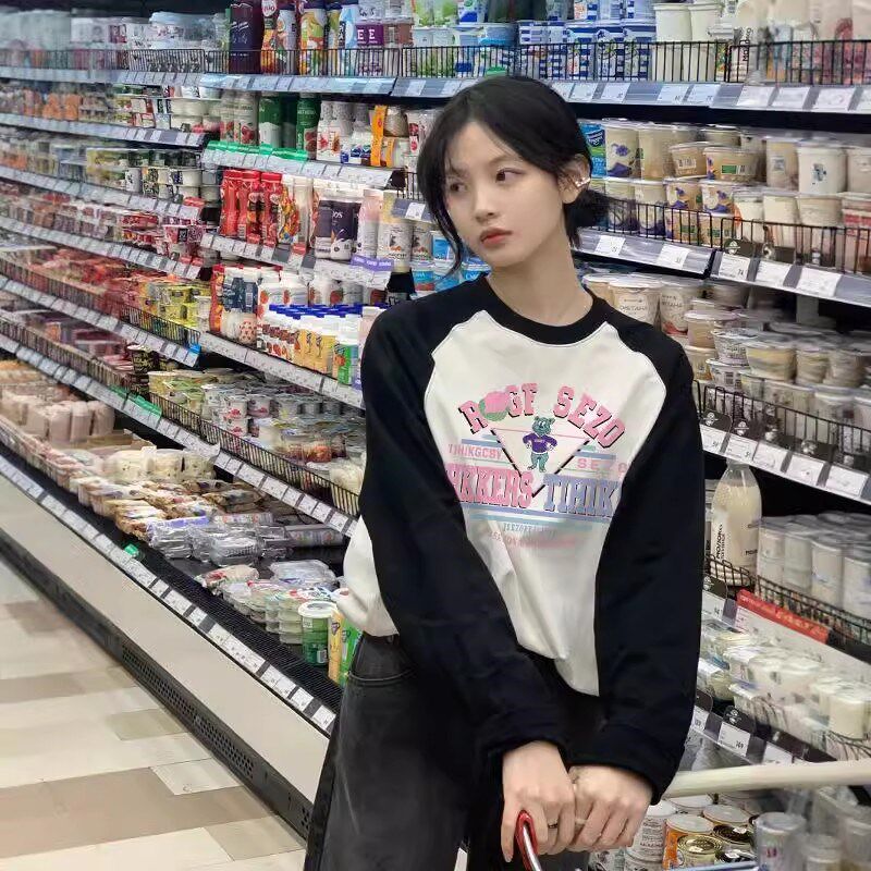 美式复古插肩长袖初中高中学生t恤女打底衫春秋大童纯棉宽松上衣