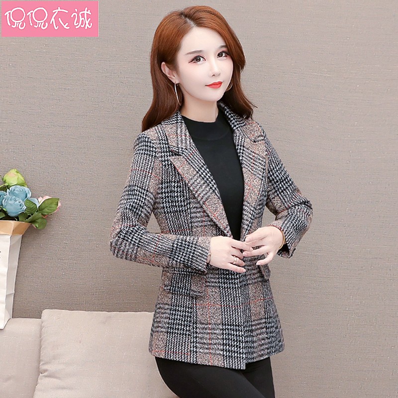 格子毛呢西装外套女修身韩版2021秋款新款短款西服小个子呢子大衣