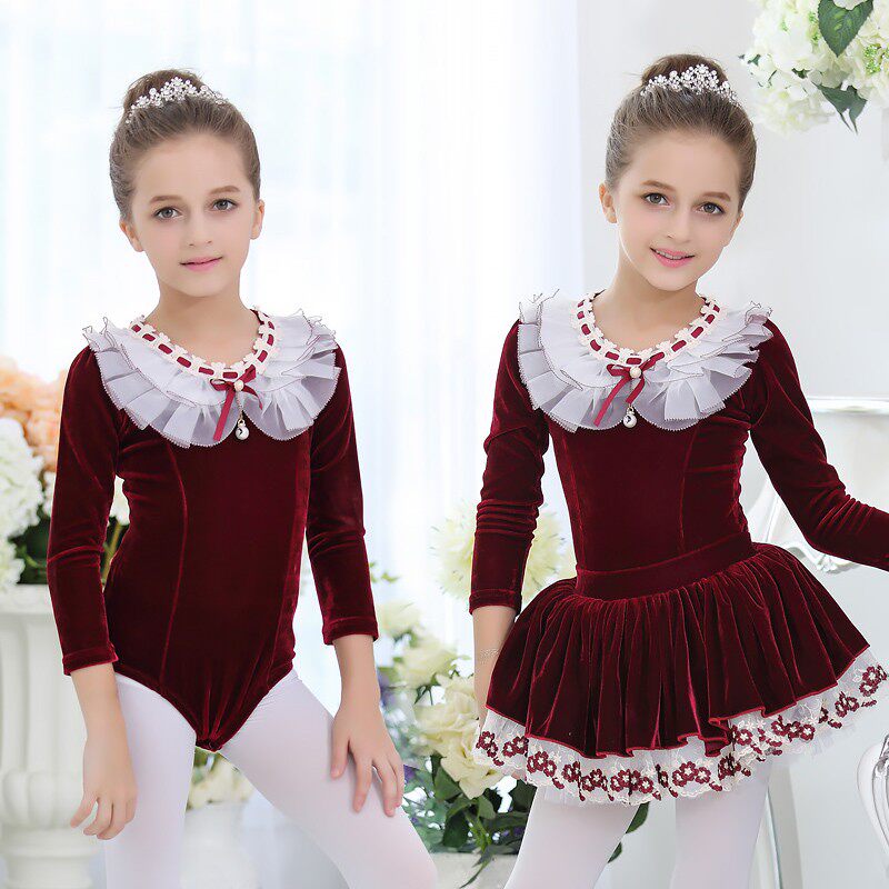儿童秋冬丝绒舞蹈服套装长袖连体衣练功服溜冰服表演服芭蕾裙1168