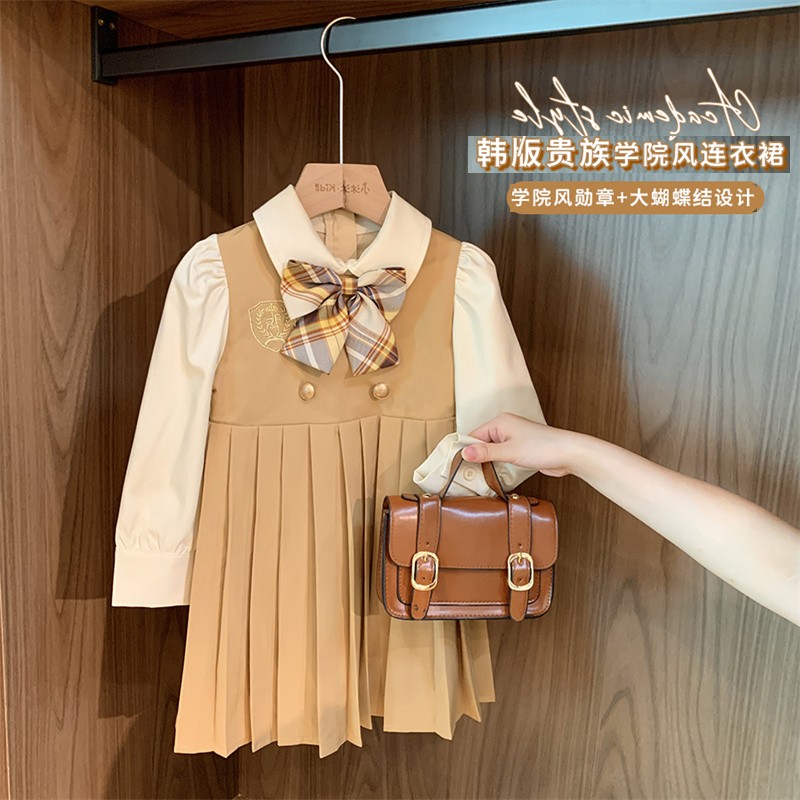 女童纯棉学院风洋气连衣裙2023春秋装新款女宝宝洋气韩版百褶裙子