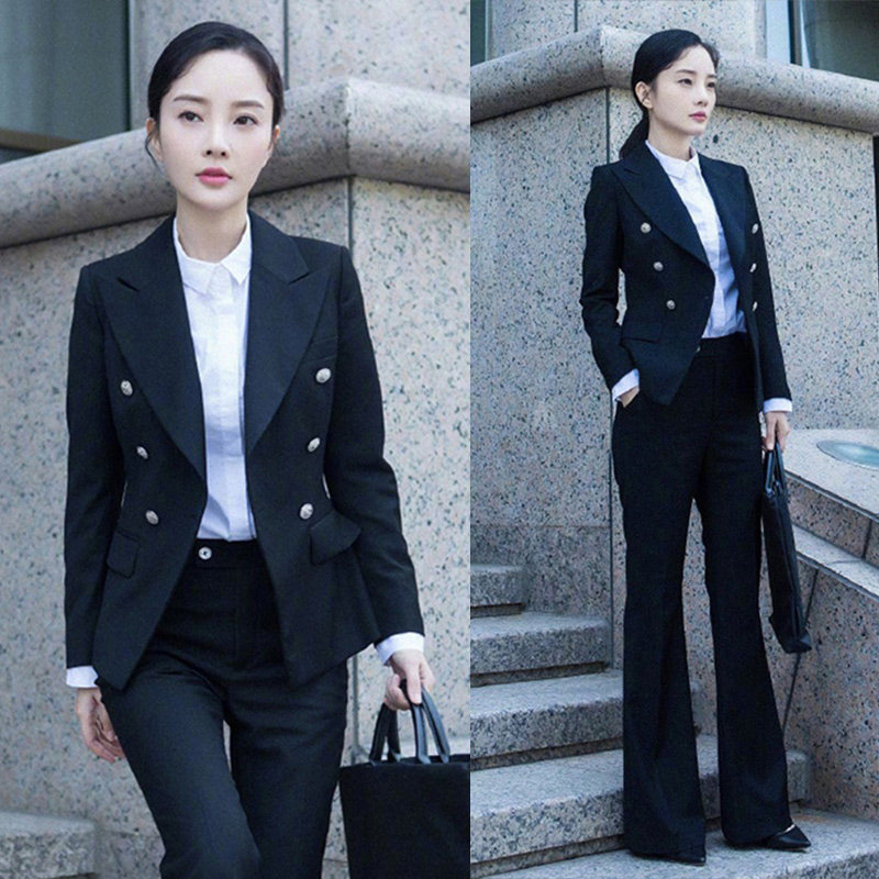 西装喇叭裤装套装女黑色工作服西服职业装气质女神范春秋2021正装