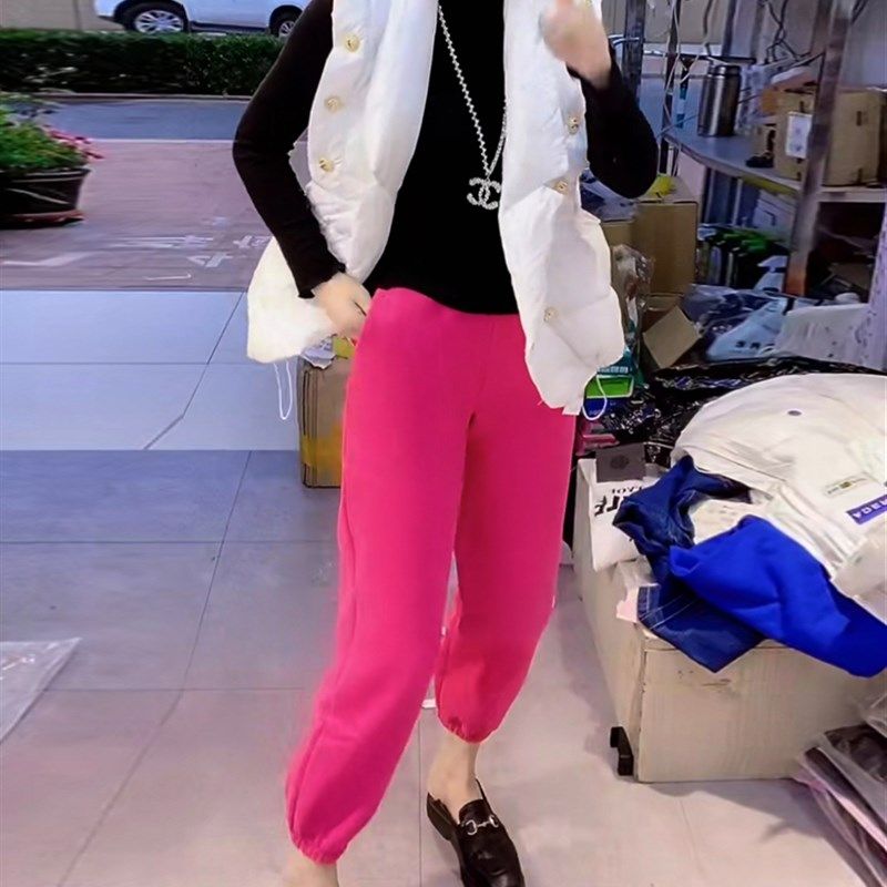 加绒灰色束脚运动裤女大码宽松显瘦秋冬加厚直筒高腰休闲学生卫裤