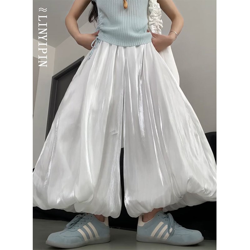 流光沙缎面白色花苞裙裤女2025新款大码胖mm宽松慵懒风阔腿灯笼裤