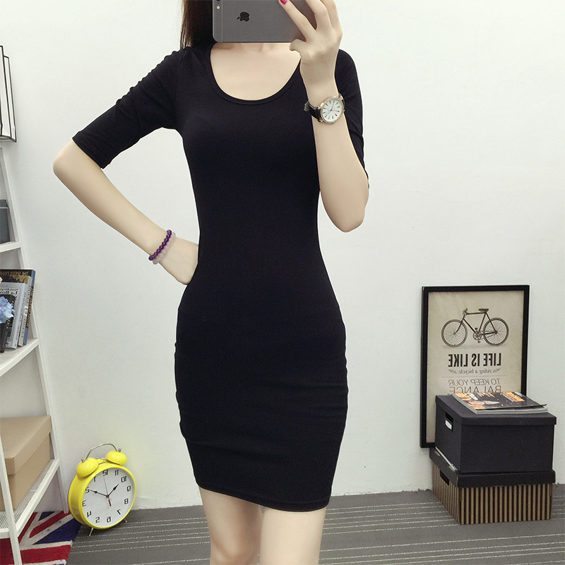 2023夏装韩版新款百搭修身女装黑色圆领中长款短袖t恤裙女中袖T桖